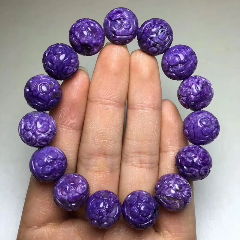 Natural Purple Charoite Gemstone Round Carved Beads Bracelet 14mm AAAA - Image 3 of 4