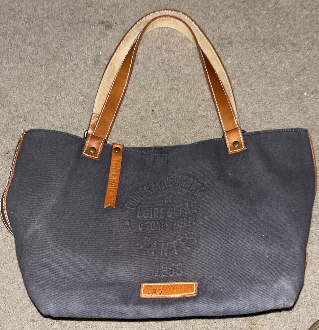 Le Papillon Black Canvas Brown Leather Double Handle Shoulder Strap Tote Bag