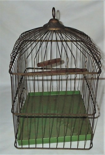 ANTIQUE VINTAGE COUNTRY BIRD WIRE CAGE WOOD PLASTIC BOTTOM BRASS METAL AUDUBON - Picture 10 of 11
