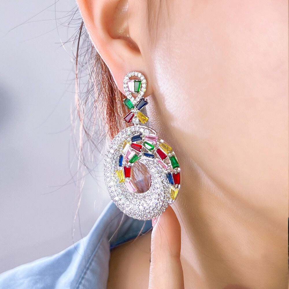 Silver Plated Colorful Cubic Zirconia Long Drop Party Earrings for Women Wedding