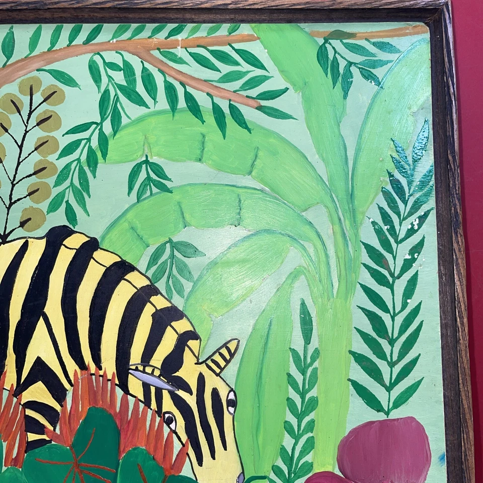 Arte de la selva haitiana, artista M. Mirvil colores brillantes firmado enmarcado 16Hx20w Foto 3 de 4