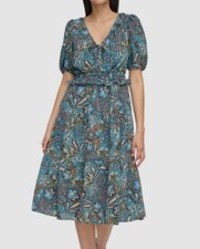 Vince Camuto Women's Blue Printed Smocked-Waist Midi Dress Size 2