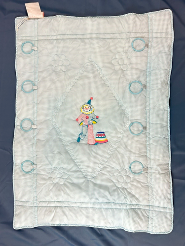 Vintage NOS Kozee Comfort Blu Gingham Clown Bambino Trapunta Coperta 35" X 47" - Foto 2 di 19