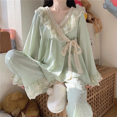 2X Damen Pyjama Set Nachtwäsche Spitzenbesatz ausgestellte Ärmel Rüschen Schlafen Freizeit süß - Bild 3 von 8