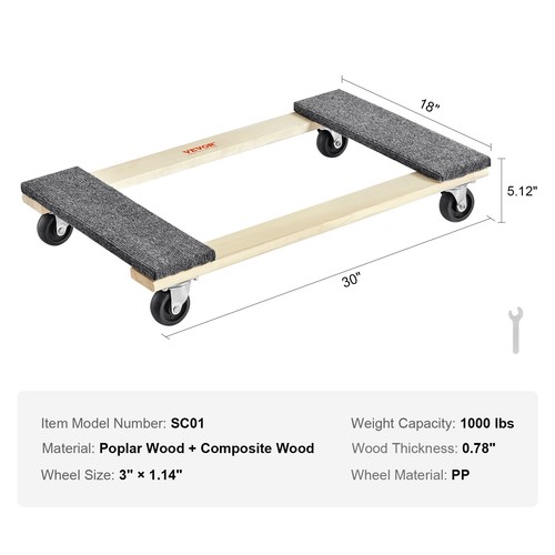 VEVOR Furniture Dolly Moving Dolly Caster 454 kg Capacity 4 Rolling Wheels Wood - Picture 7 of 12
