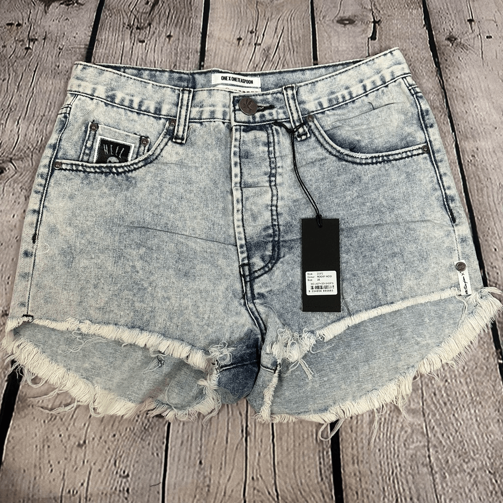 One Teaspoon Outlaws Denim Shorts Mid Length Low Waist Button Fly Rocky  Acid 25