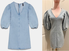 ZARA Denim Mini Dress XS Light Wash Bodycon Balloon Sleeve Stretch EUC