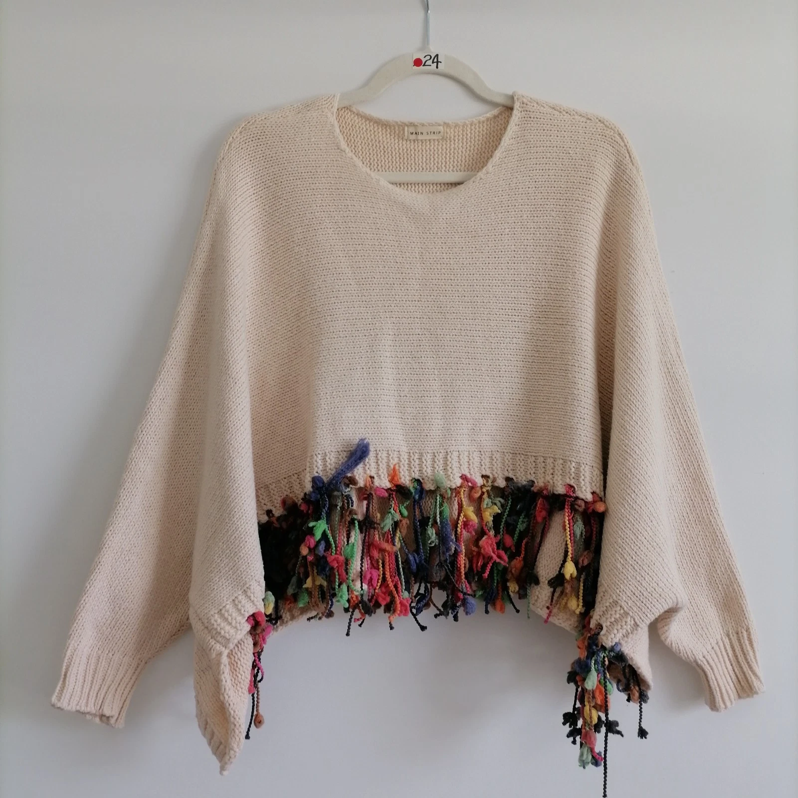Main Strip Womens Beige Tassel Hem Y2K Preppy Pullover Poncho Sweater One Size