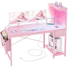 Gaming Desk 47 inch with Power Outlet and LED Light, Computer Desk with Rever...