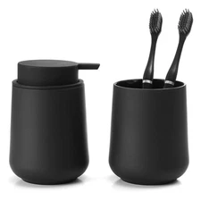 Matte Black Bathroom Accessories 2 Piece Set Plastic Soap Dispenser and Toothbru