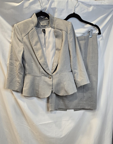White House Black Market Blazer Skirt Set Size 2/4 Gray Pencil Skirt Lined - Picture 1 of 14