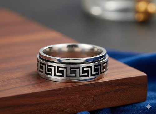 Greek Meander Key Spinner Stainless Steel Ring 7MM - Picture 3 of 3