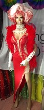 Straß,Kleid,L-XL,46,Rot,Strass,Silber AB,mit Federboa,Travestie,Drag Queen,Neu