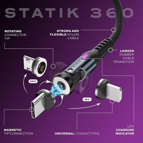 Statik 360 Rot. Universal Magnetic Charging Cable 6ft/1.8m with 3 Magnetic Tips - Photo 4 sur 9