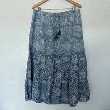 J Jill Denim Blue Tiered Midi Skirt Size 1X Paisley Floral Ranch Cottage Country