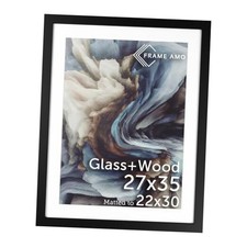 Solid Wood Poster Frame, White Mat for 22x30 Image, Tempered Glass 27x35 Black