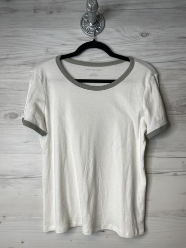 American Eagle Shirt Damen Medium weiß grau Ringer Tee Freizeit weich Stretch