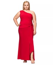 Xscape Plus Size Gown 16W Red One Shoulder Draped Gathered Side Slit NWT $229