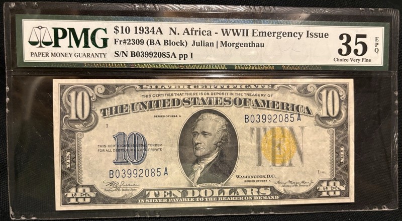 1934A $10 North Africa Note WWII Emergency Issue PMG 35 EPQ Circulated