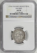 (1542-55) OMO Mexico 1 Real NGC AU50, Carlos & Joanna, Colonial Spain [BN005]