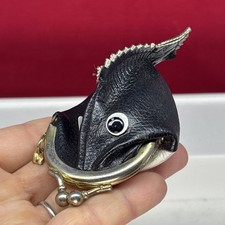 Vintage 1960s Faux Leather "Fish" Shaped Coin Purse in Black  White Snap Close