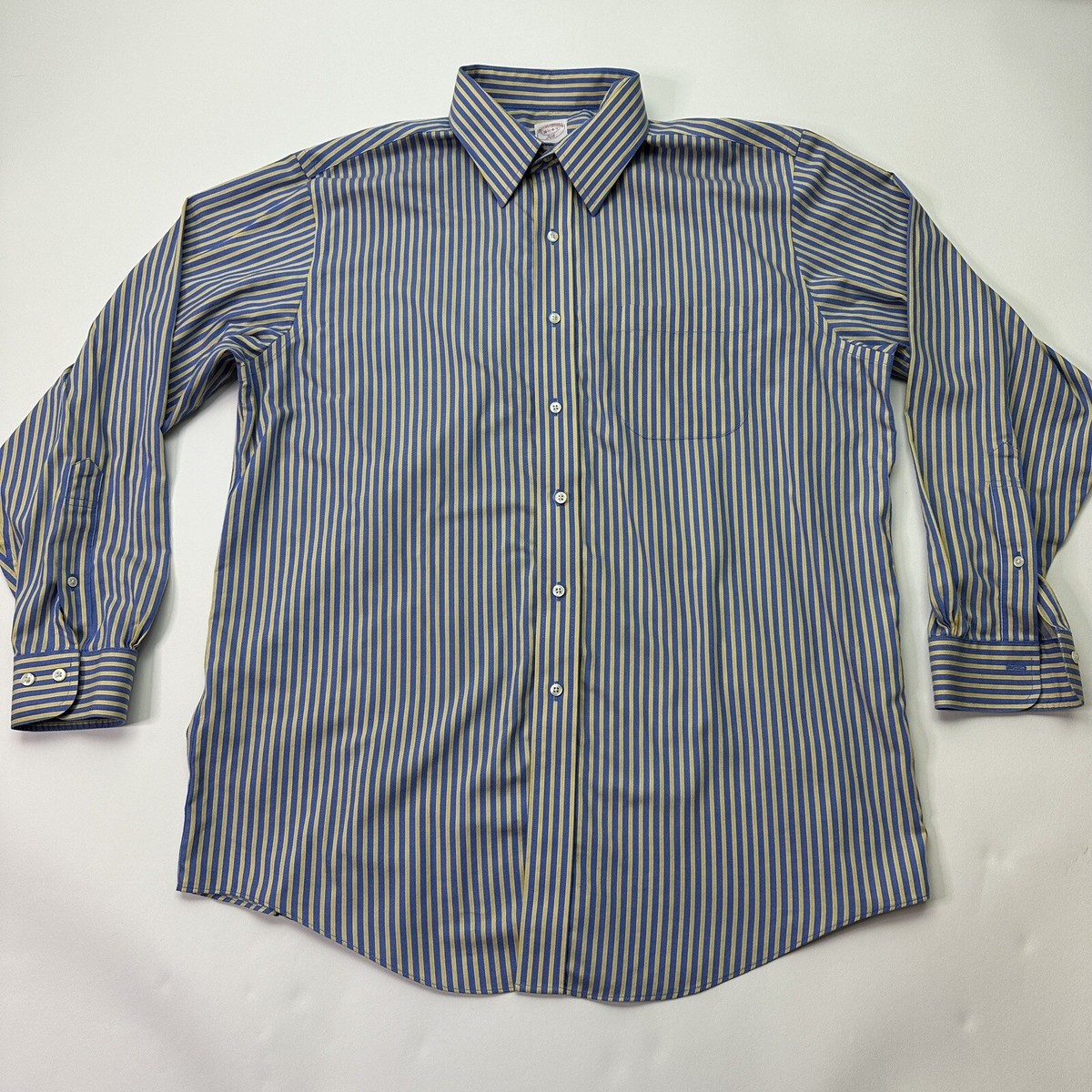Brooks Brothers 346 Shirt Men Yellow Blue Striped Dress
