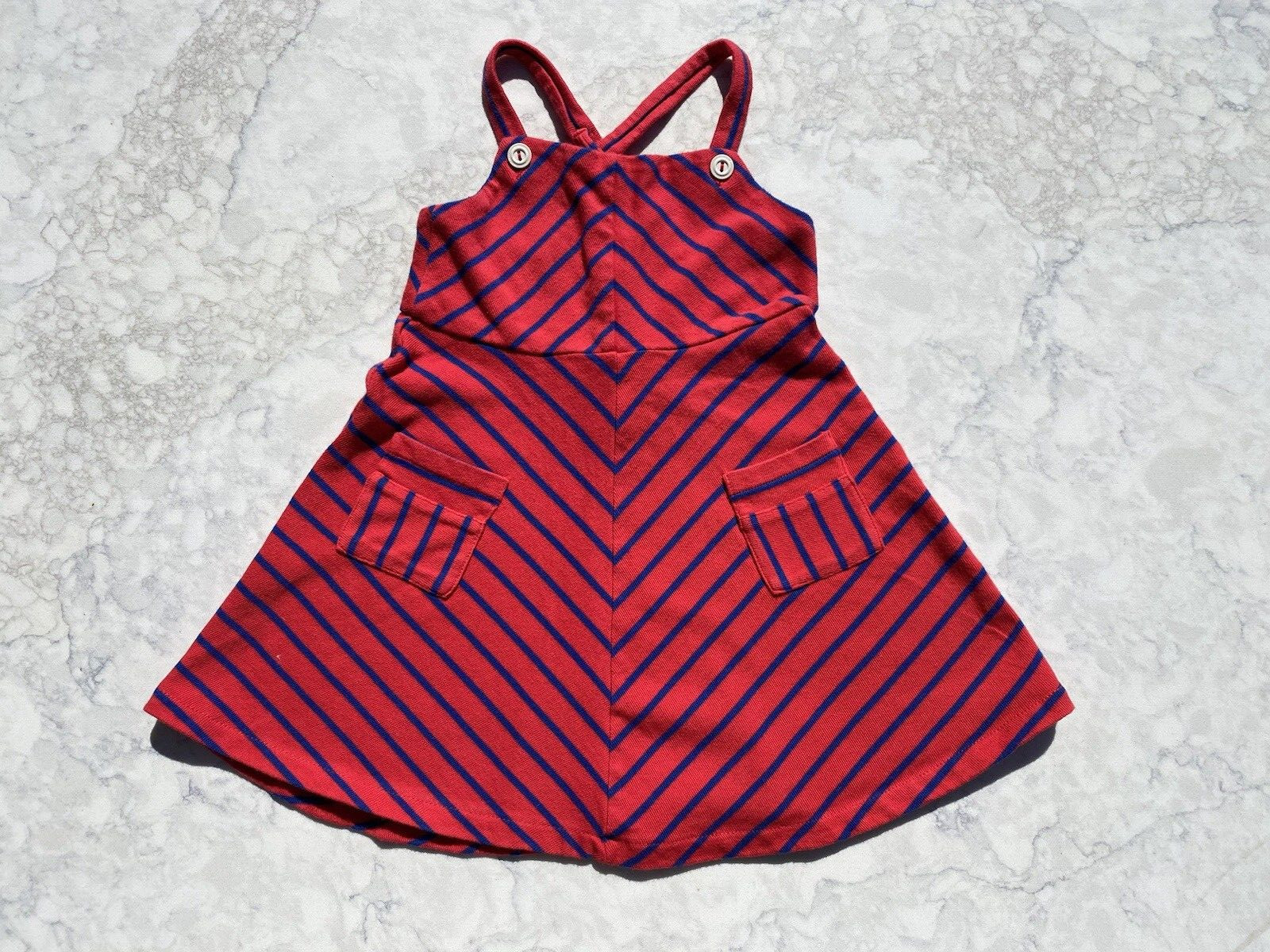 Ralph Lauren Red/Blue Striped Spaghetti Strap Pockets Stretch Dress 18 M image 3