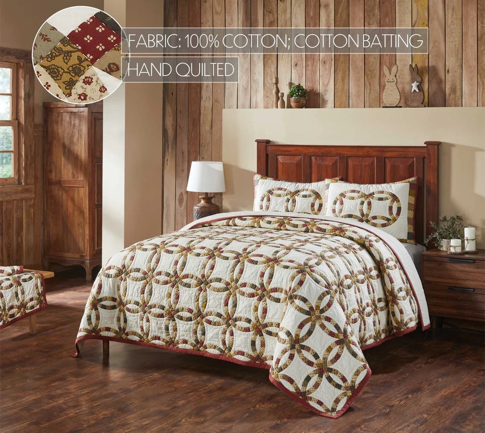 New Primitive Farmhouse Red Mustard WEDDING RING QUILT SET King Blanket Bedding - Image 2 of 4