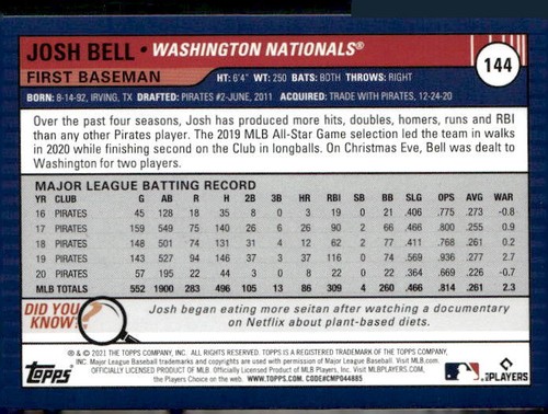 2021 Topps Big League #144 Josh Bell - Picture 2 of 2