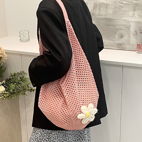 Women Braided Bag Korean Style Shoulder Tote Bag Knitted Hollow Flower Beach Bag - Picture 4 of 16