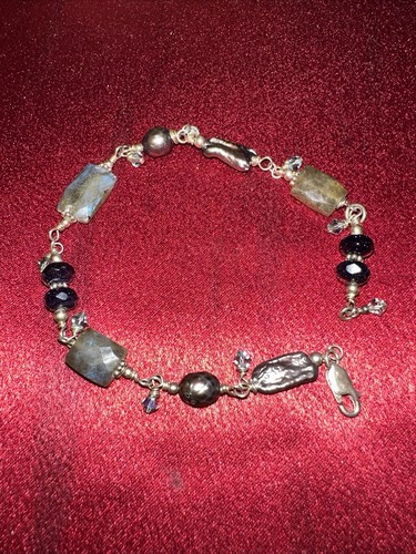 Sterling Silver Labradorite Purple Goldstone & Cultured Pearl Beaded Bracelet 8” - Picture 7 of 8