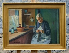 Christian Thornild (1884-1951) portrait of a sewing woman oil on canvas painting