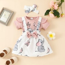Carino Elefante Neonato Bambina Pagliaccetto Top Vestito Fascia Outfit Set Vestiti