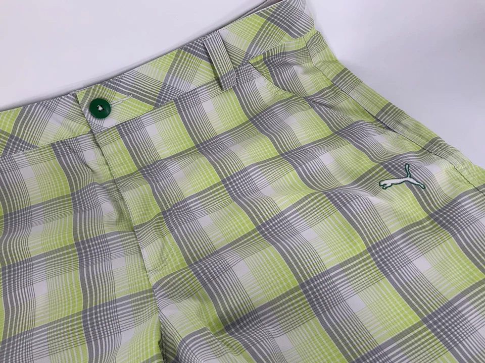 Мужские шорты для гольфа Puma Cell размер 34 неоново-зеленые клетчатые полиэтиленовые плоские спереди как новые YGI D3-1 - Изображение 3 из 4
