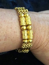 Vintage Solid 24K Yellow Gold Bamboo Bar & Bead Design Link Bracelet 7 1/2