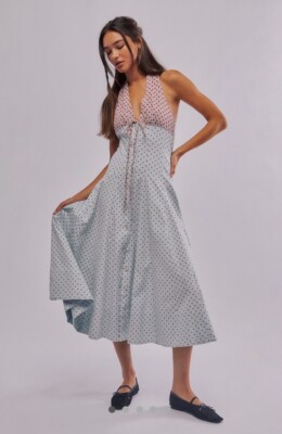 Free People StellaDonna Midi Maxi Dress Halter Polka Dot Powder Blue Combo S NWT