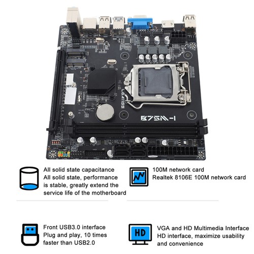 PC Motherboard DDR3 HD VGA HDMI LGA1155 Multiphase Power 10 USB Ports - Picture 2 of 14
