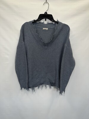 Main Strip Sweater Women s Large Gray Long Sleeve Frayed Edges Cotton Blend