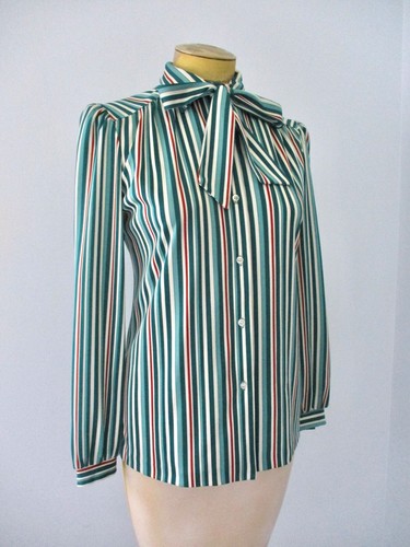 Vtg 70s Green Rust Stripe Secretary Knit Blouse Peplum Top Pussy Bow Tie Belt 10 - Picture 3 of 9