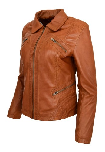 Ladies Leather Classic Biker Jacket Slim Fit Casual Zip Box Style Nova Tan - Picture 4 of 8