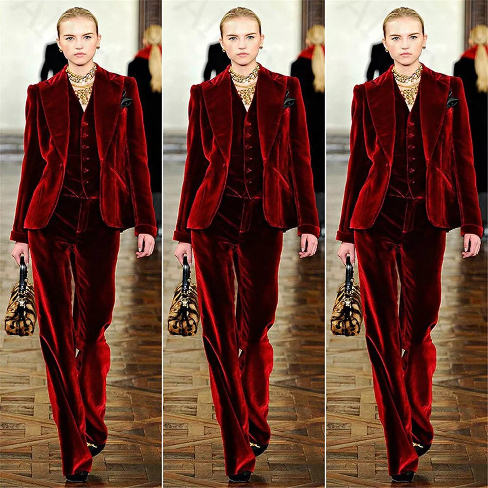 Wine Red Velvet Pant Suits Women Office Business Formal Work Wear 3 Piece  Suits