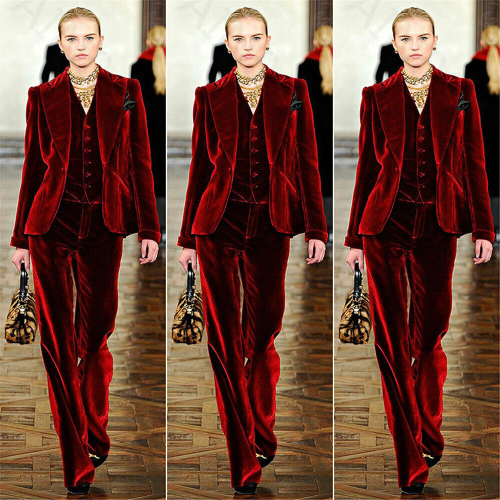 Wine Red Velvet Pant Suits Women Office Business Formal Work Wear 3 Piece  Suits