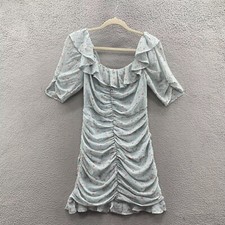 ASTR The Label Dress Short Sleeve Ruffle Neck Ruched Teal Multi Ditsy Women's S