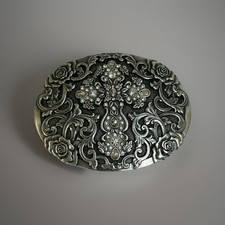 Nocona Womens Silver Cross Oval Belt Buckle Rhinestone Floral 3.75" x 3" Western