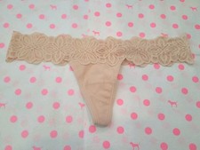 NWT Victoria's Secret PINK Lace-Trim Cotton Thong Panty-Beige Cream Bling M