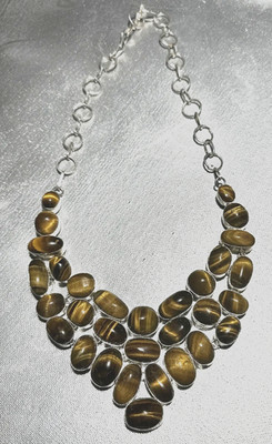 Golden Tiger Eye Statement Necklace 925 Silver 22  Bib Style Chunky Design Rare