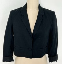 A New Day Cropped Blazer Linen Blend One Button Jacket Black Small NWOT