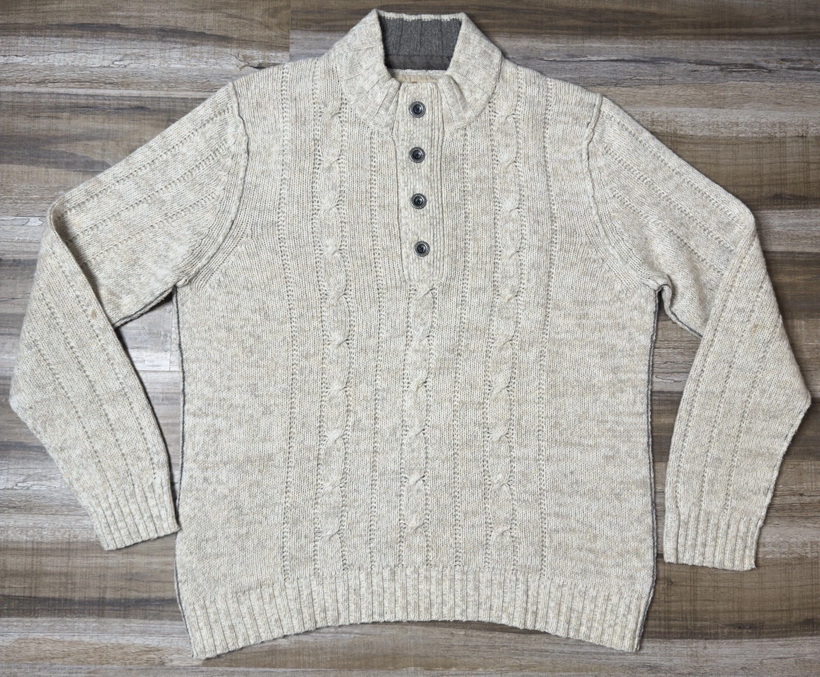Tommy Bahama Cable Knit Lambswool Sweater Mens XL Oatmeal Henley