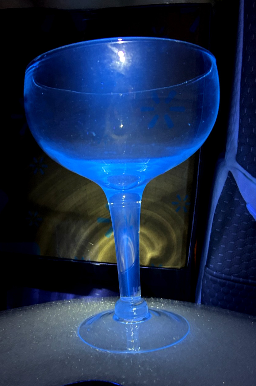 Jumbo Margarita Martini Stemmed Glass 10.5" t, Manganese Glow under 365nm light