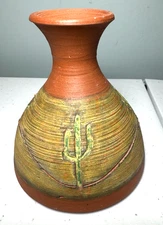 Terra Cotta Clay Art Pottery Cactus Vase  4.25” Tall 4” Wide Signed Guido